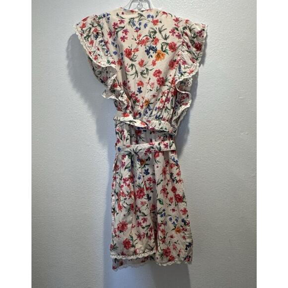Lovers + Friends Size Small Jill Floral Print Wrap Mini Dress Crochet Trim READ - Picture 2 of 11